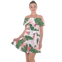 Tropical Watermelon Leaves Pink And Green Jungle Leaves Retro Hawaiian Style Off Shoulder Velour Dress by genx