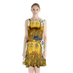 Vincent Van Gogh Cartoon Beard Illustration Bearde Sleeveless Waist Tie Chiffon Dress by Sudhe