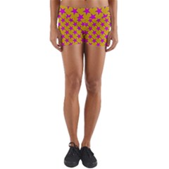 Pink Stars Pattern On Yellow Yoga Shorts by BrightVibesDesign