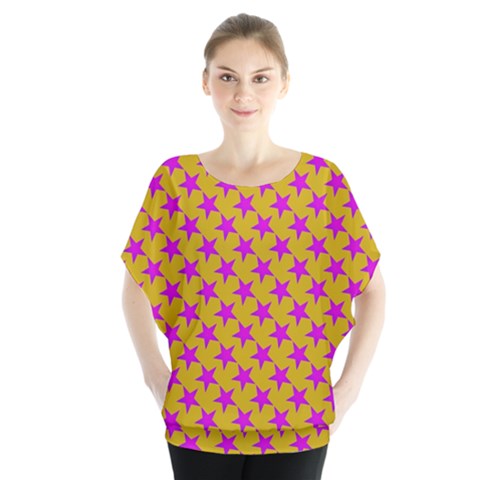 Pink Stars Pattern On Yellow Batwing Chiffon Blouse by BrightVibesDesign