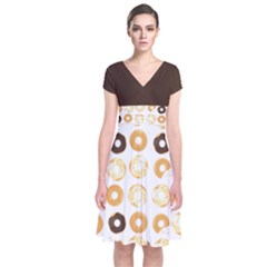 Donuts Pattern With Bites Bright Pastel Blue And Brown Cropped Sweatshirt Short Sleeve Front Wrap Dress by genx