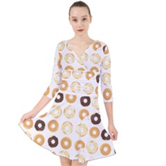 Donuts Pattern With Bites Bright Pastel Blue And Brown Cropped Sweatshirt Quarter Sleeve Front Wrap Dress by genx