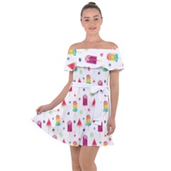 Popsicle Juice Watercolor With Fruit Berries And Cherries Summer Pattern Off Shoulder Velour Dress by genx
