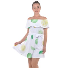 Lemon And Limes Yellow Green Watercolor Fruits With Citrus Leaves Pattern Off Shoulder Velour Dress by genx