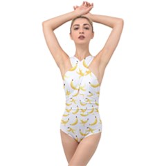 Yellow Banana And Peels Pattern With Polygon Retro Style Cross Front Low Back Swimsuit by genx