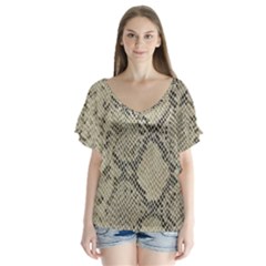 Snakeskin Pattern Lt Brown V-neck Flutter Sleeve Top by retrotoomoderndesigns