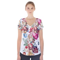 Les Fleurs Artificielles - Vintage Design Short Sleeve Front Detail Top by WensdaiAmbrose