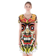 Bali Barong Mask Euclidean Vector Chiefs Face Short Sleeve V-neck Flare Dress by Sudhe
