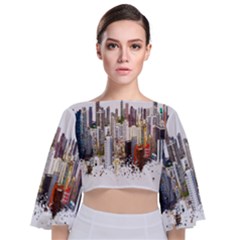 Hong Kong Skyline Watercolor Painting Poster Tie Back Butterfly Sleeve Chiffon Top by Sudhe