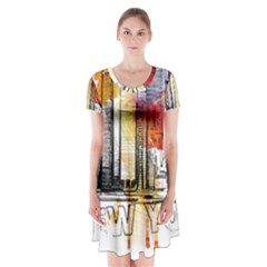 New York City Skyline Vector Illustration Short Sleeve V-neck Flare Dress by Sudhe