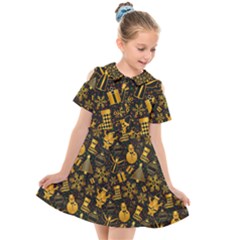 Christmas Background Gold Kids  Short Sleeve Shirt Dress by HermanTelo
