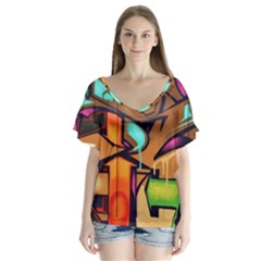 Graffiti Mural Street Art Wall Art V-neck Flutter Sleeve Top by Pakrebo