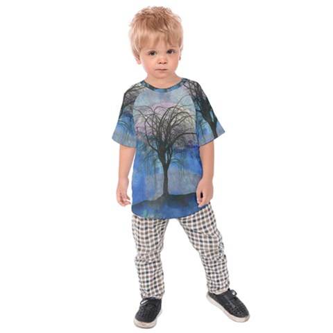 Tree Moon Sky Watercolor Painting Kids  Raglan Tee by Pakrebo