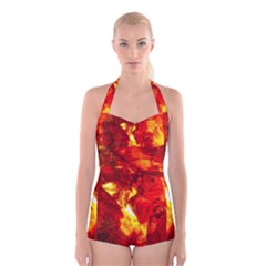 Bernstein Burning Stone Gem Boyleg Halter Swimsuit  by Pakrebo