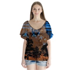 Landscape Woman Magic Evening V-neck Flutter Sleeve Top by HermanTelo