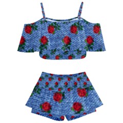 Blue Denim And Roses Kids  Off Shoulder Skirt Bikini by snowwhitegirl