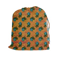 Orange Denim And Roses Drawstring Pouch (xxl) by snowwhitegirl