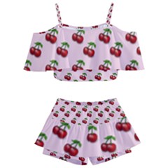 Retro Pink Cherries Kids  Off Shoulder Skirt Bikini by snowwhitegirl