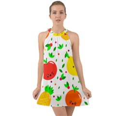 Pattern Fruits Orange Green Halter Tie Back Chiffon Dress by HermanTelo