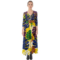 Pattern Leaves Grey Button Up Boho Maxi Dress by HermanTelo