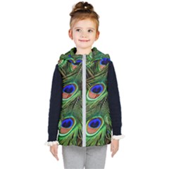 Peacock Feathers Plumage Iridescent Kids  Hooded Puffer Vest by HermanTelo