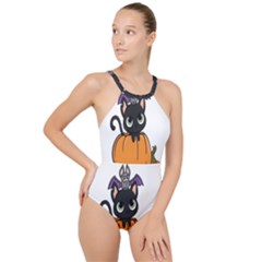 Halloween Cute Cat High Neck One Piece Swimsuit by Bajindul