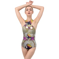 Cute Funny Coutan With Flowers Cross Front Low Back Swimsuit by FantasyWorld7