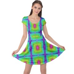 Groovy Yellow Pink Purple Square Pattern Cap Sleeve Dress by BrightVibesDesign