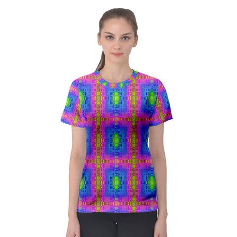 Groovy Pink Blue Yellow Square Pattern Women s Sport Mesh Tee by BrightVibesDesign