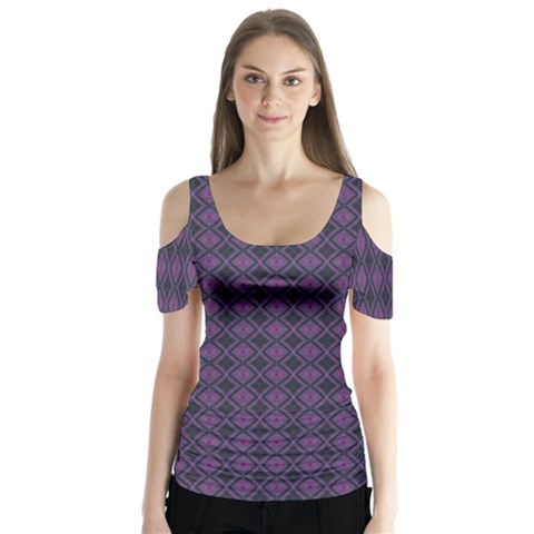 Argyle Dark Pink Black Pattern Butterfly Sleeve Cutout Tee  by BrightVibesDesign