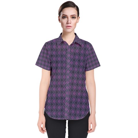 Argyle Dark Pink Black Pattern Women s Short Sleeve Shirt by BrightVibesDesign