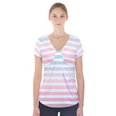 Horizontal Pinstripes In Soft Colors Short Sleeve Front Detail Top by shawlin