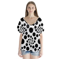 Dot Dots Round Black And White V-neck Flutter Sleeve Top by Nexatart