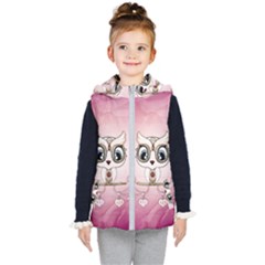 Cute Little Owl With Hearts Kids  Hooded Puffer Vest by FantasyWorld7