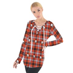 Plaid - Red With Skulls Tie Up Tee by WensdaiAmbrose
