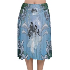 Surfboard With Dolphin Velvet Flared Midi Skirt by FantasyWorld7