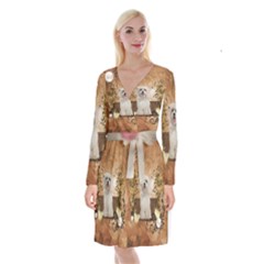 Cute Maltese Puppy With Flowers Long Sleeve Velvet Front Wrap Dress by FantasyWorld7