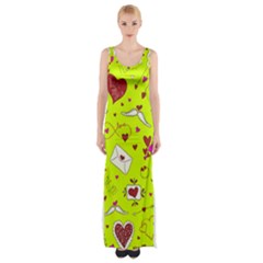 Valentin s Day Love Hearts Pattern Red Pink Green Maxi Thigh Split Dress by EDDArt