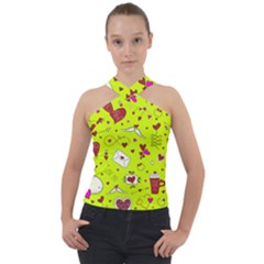Valentin s Day Love Hearts Pattern Red Pink Green Cross Neck Velour Top by EDDArt