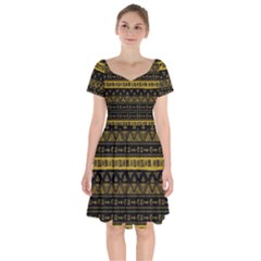 Native American Ornaments Watercolor Pattern Black Gold Short Sleeve Bardot Dress by EDDArt