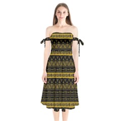 Native American Ornaments Watercolor Pattern Black Gold Shoulder Tie Bardot Midi Dress by EDDArt