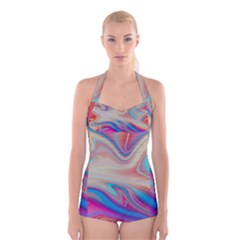 Multi Color Liquid Background Boyleg Halter Swimsuit  by Pakrebo