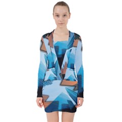 London Skyscraper Lighting Contrast V-neck Bodycon Long Sleeve Dress by Pakrebo