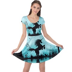 Wonderful Unicorn Silhouette In The Night Cap Sleeve Dress by FantasyWorld7