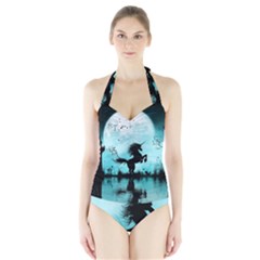 Wonderful Unicorn Silhouette In The Night Halter Swimsuit by FantasyWorld7