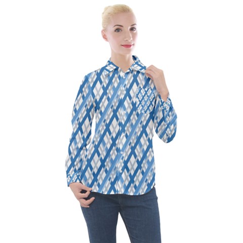 Geometric Overlay Blue Women s Long Sleeve Pocket Shirt by Bajindul