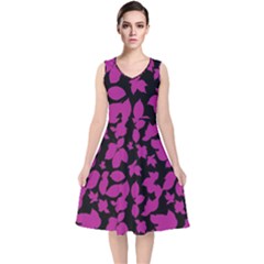 Dark Botanical Motif Print Pattern V-neck Midi Sleeveless Dress  by dflcprintsclothing