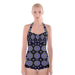 Lilies And Decorative Stars Of Freedom Boyleg Halter Swimsuit  by pepitasart