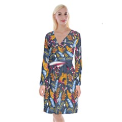 Colorful Birds In Nature Long Sleeve Velvet Front Wrap Dress by Sobalvarro