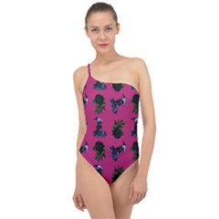 Gothic Girl Rose Pink Pattern Classic One Shoulder Swimsuit by snowwhitegirl